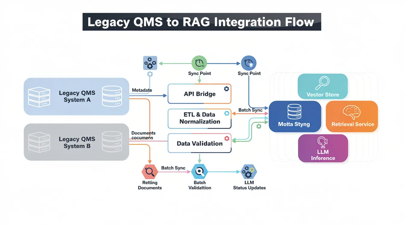 The flowchart illustrates the integration of legacy Quality Management Systems (QMS) with Retrieval Augmented Generation (RAG) components, highlighting API bridges and synchronization points for effective data synchronization. It emphasizes the importance of gathering relevant information from multiple data sources to enhance environmental management systems and facilitate continual improvement in complex organizations.