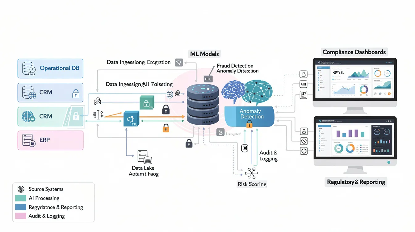 The image depicts a technical architecture diagram illustrating the flow of data from operational systems through AI processing engines to compliance dashboards, highlighting the integration of quality management systems and regulatory compliance. This visual representation emphasizes the importance of continuous improvement and effective auditing management systems in achieving quality objectives and customer satisfaction.