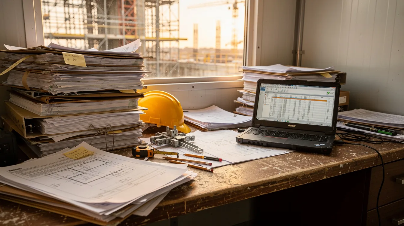 The image shows stacks of paper documents and folders on a construction site office desk, representing various aspects of a safety management system, including internal audit records, risk assessments, and training documents essential for ensuring compliance with ISO 45001 standards. These materials highlight the importance of effective management and continuous improvement in occupational health and safety practices on the site.