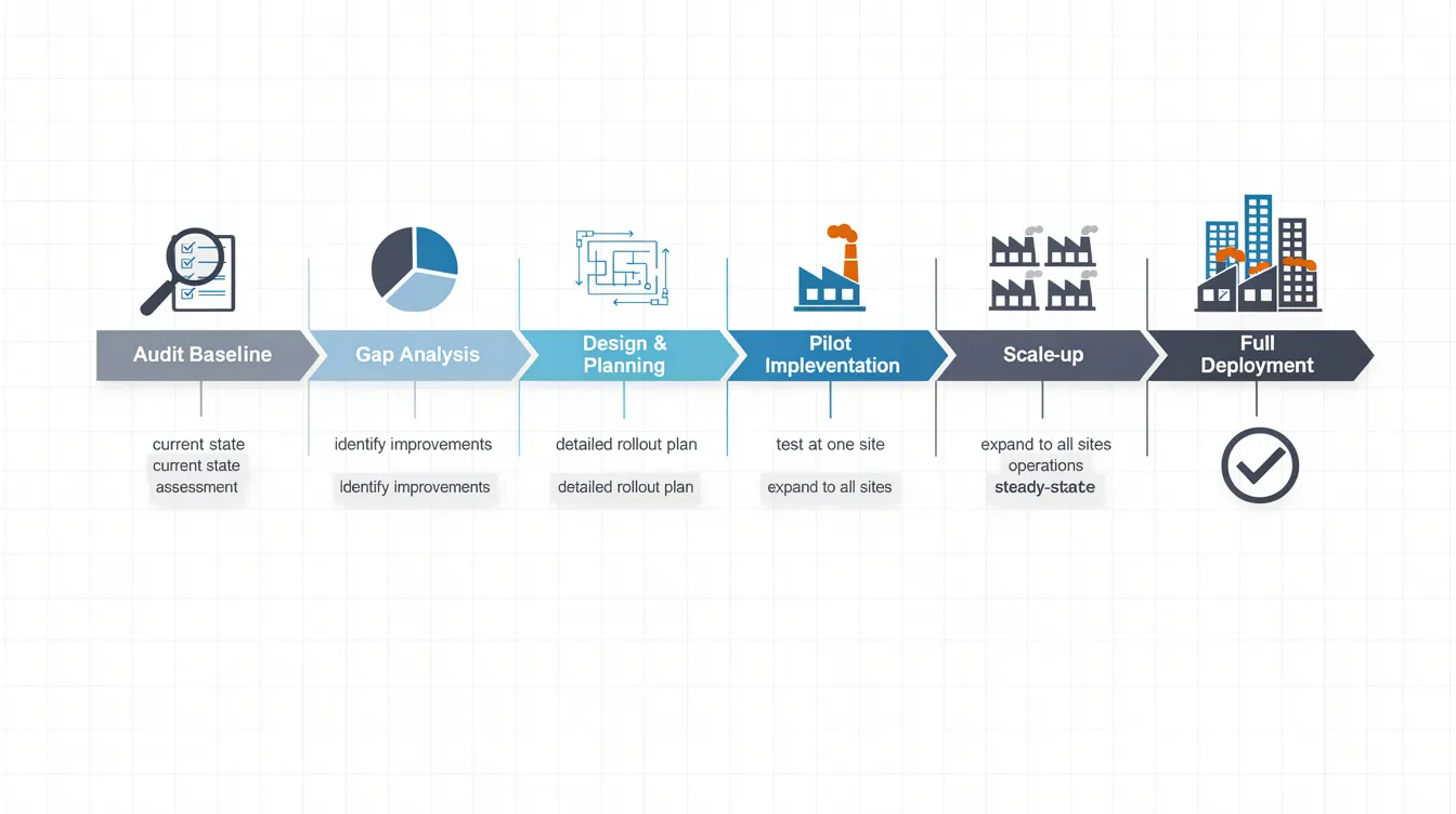 The image depicts a timeline chart illustrating various project phases, starting from the audit baseline and progressing through to full deployment at industrial sites. Key milestones include project completion and deliverables, emphasizing the importance of financial management and strategic business development in the context of enterprise development grants and productivity solutions grants for Singapore companies.