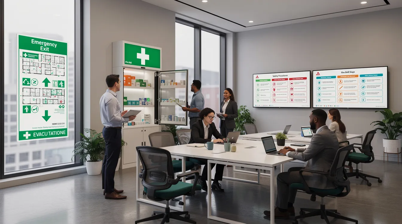 The image depicts a modern office environment featuring emergency evacuation route signs and a first aid station, with employees engaged in reviewing safety procedures displayed on digital screens. This scene emphasizes workplace safety and health, highlighting the importance of risk management and preparedness in the office setting.