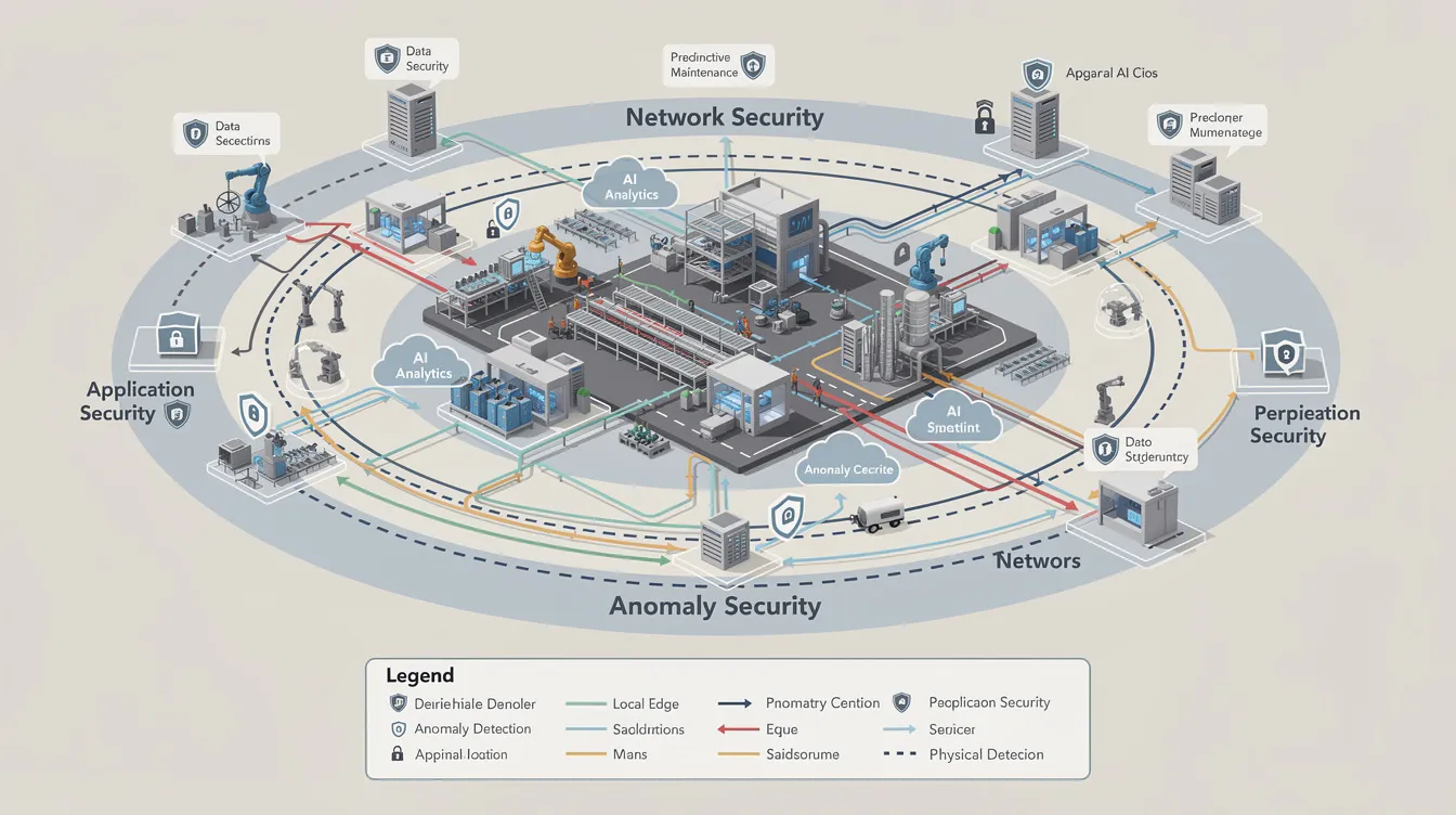 The image depicts a diagram of an industrial facility illustrating interconnected data flows between modern AI systems and various security control layers. It emphasizes the importance of strict access controls, compliance with regulations like GDPR, and the management of sensitive data to mitigate data privacy risks in regulated industries.