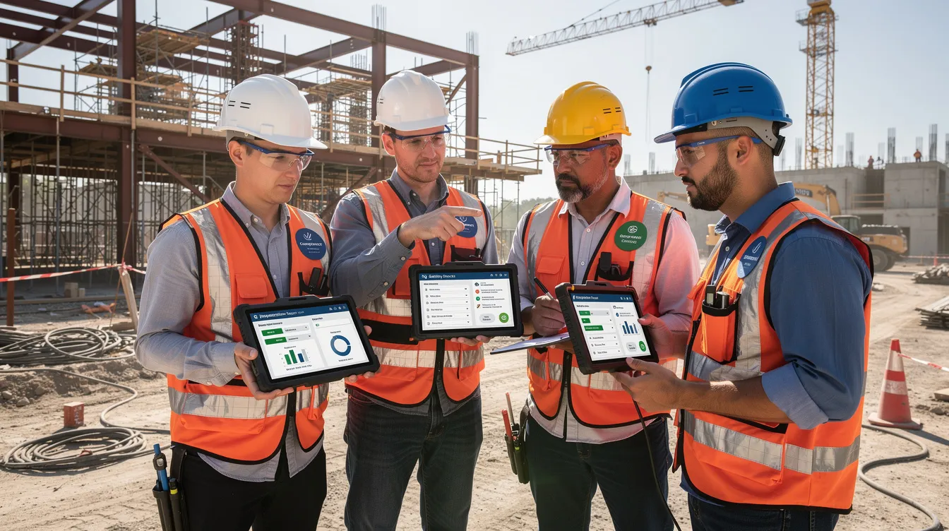 A group of engineers is gathered at a construction site, intently reviewing digital compliance dashboards displayed on their tablets. They are likely assessing project deliverables and financial management aspects related to enterprise development grants and productivity solutions grants to ensure successful project completion.