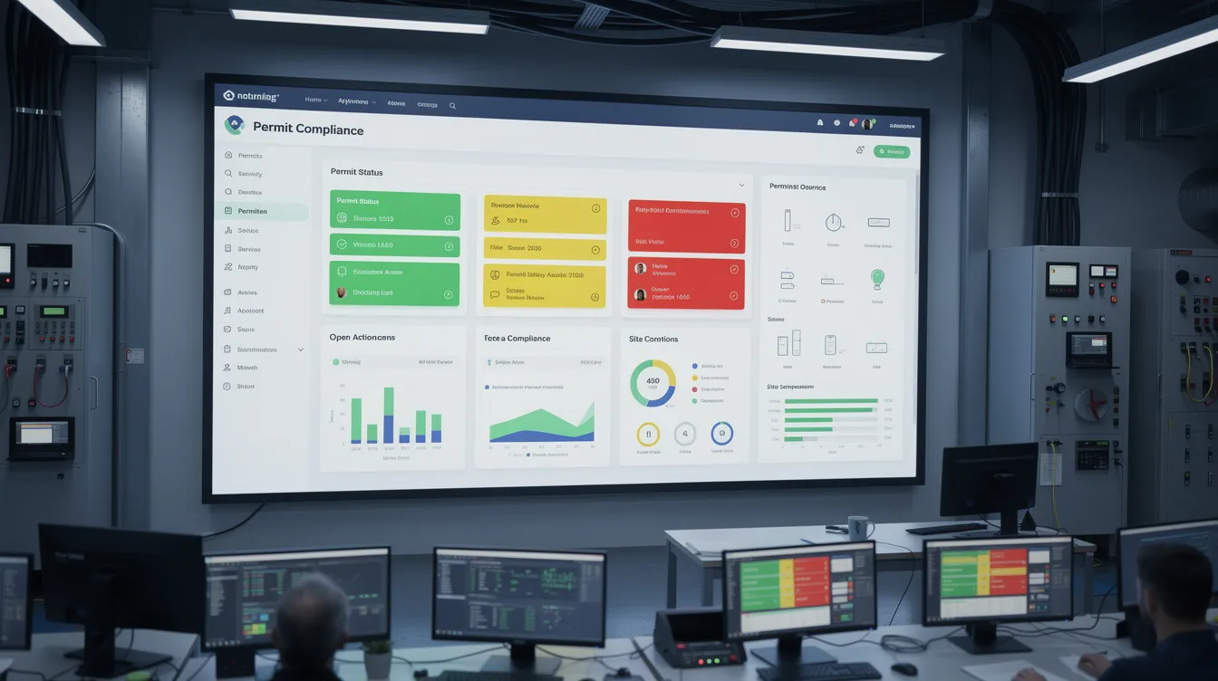 The image depicts a digital screen in an industrial control room displaying a permit compliance dashboard, featuring color-coded status indicators that provide real-time visibility into active permits and their compliance with safety protocols. This dashboard is essential for managing high-risk activities, such as confined space entry and hot work, ensuring that only qualified personnel are involved, and streamlining the permit to work (PTW) process.