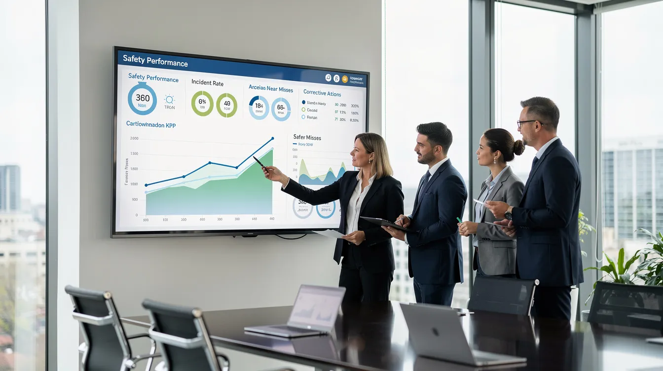 In a modern office, professionals are actively engaged in reviewing safety performance data displayed on a digital dashboard, focusing on safety initiatives and protocols to foster a strong safety culture. The scene reflects their commitment to continuous improvement and effective safety leadership, emphasizing the importance of employee engagement and open communication in building a safer workplace.