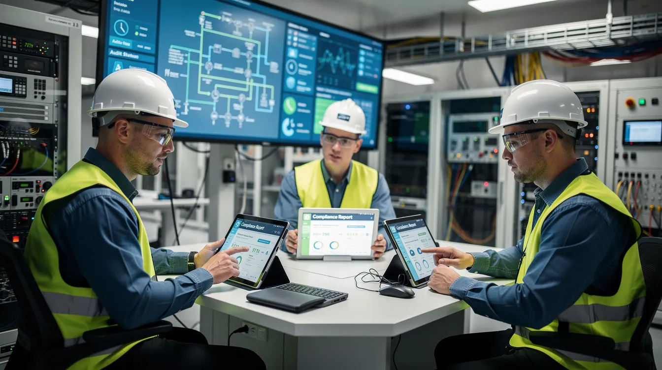 A group of engineers is gathered in an industrial facility control room, intently reviewing automated compliance reports on their tablets. The scene highlights the importance of continuous monitoring and risk assessments in maintaining information security management systems, particularly in the context of ISO 27001 compliance.