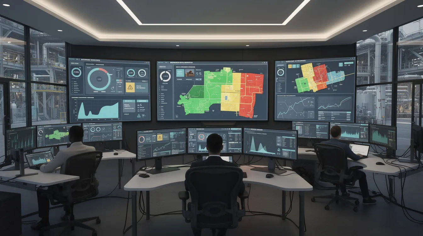 The image depicts a modern industrial control room featuring large digital display screens that showcase real-time hazard monitoring dashboards, including colour-coded risk maps and automated safety analytics for effective hazard identification and risk assessment. This advanced setup emphasizes the importance of process safety and risk management in monitoring and evaluating potential hazards in industrial operations.