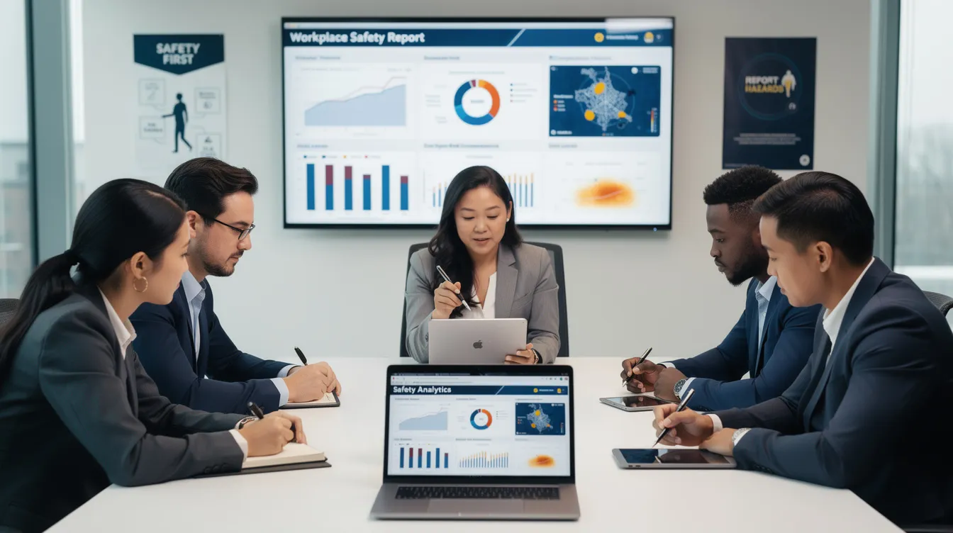 A team is gathered around a laptop, reviewing digital safety analytics during a workplace safety meeting, focusing on risk management and the implementation of control measures to enhance workplace safety and health. They are discussing the importance of conducting risk assessments and ensuring compliance with risk management regulations to improve overall safety practices.