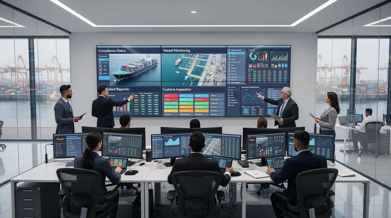 In a busy port operations control room, professionals are intently reviewing compliance data displayed on large wall-mounted screens, ensuring adherence to supply chain security and risk management standards. The environment reflects a commitment to operational efficiency and the continuous improvement of security management systems within maritime logistics.