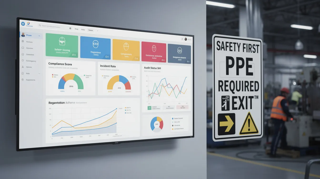 The image features a digital dashboard displaying various compliance metrics related to occupational health and safety, alongside prominent factory safety signage. This visual representation emphasizes the importance of a safety management system and regulatory compliance in the workplace, highlighting key areas such as risk assessment and continual improvement in line with ISO 45001 standards.