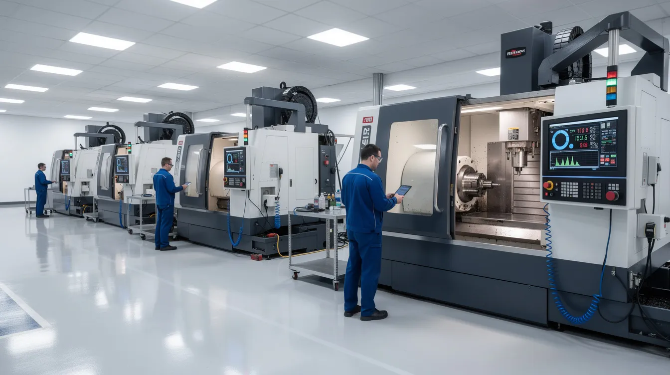 The image depicts a precision engineering workshop floor filled with advanced CNC machines and digital monitoring screens, showcasing a high-tech environment where internal auditors can analyze financial and operational data. This setup emphasizes the critical role of AI-driven tools in enhancing audit processes and ensuring regulatory compliance within the sector.