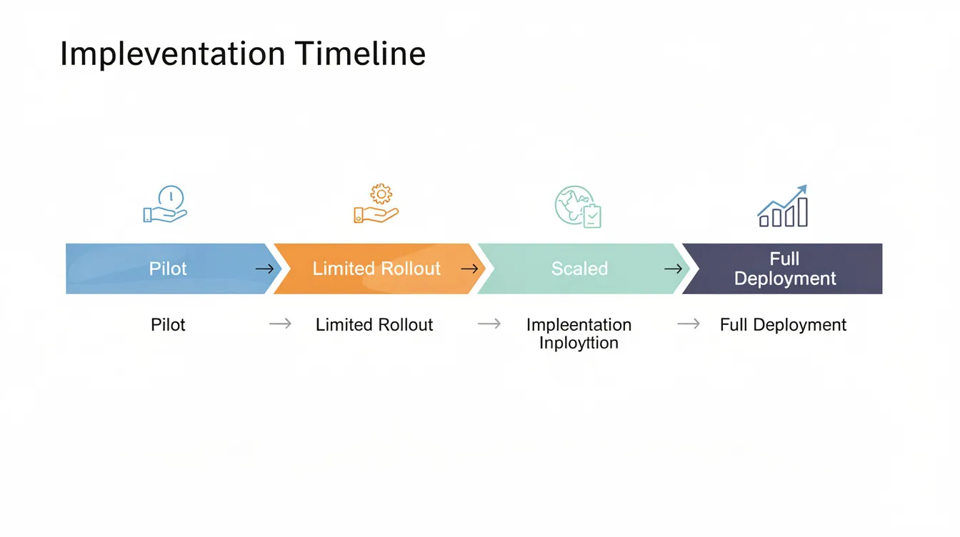 The image depicts an implementation timeline diagram illustrating four distinct phases, from pilot to full deployment, highlighting the structured approach to integrating AI-driven tools in internal audit functions. Each phase emphasizes critical tasks such as risk assessment, audit planning, and ensuring regulatory compliance, showcasing the role of internal audit teams in enhancing audit quality through data analysis and continuous monitoring.
