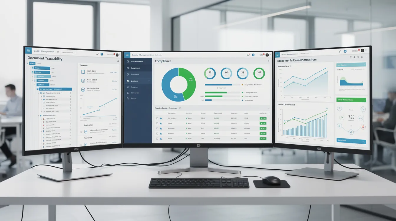 The image depicts a modern quality management dashboard on multiple monitors, showcasing compliance metrics and document traceability in a bright office environment. This setup emphasizes the importance of quality management systems and continuous improvement, providing quality managers with real-time access to critical data for effective auditing and regulatory compliance.
