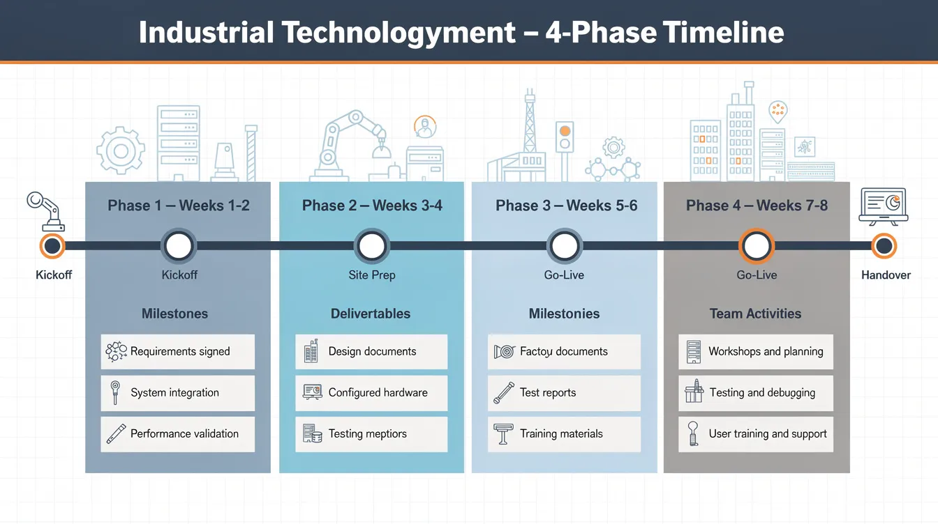 The image depicts a visual timeline outlining four two-week phases of an industrial technology deployment, highlighting milestone markers, deliverables, and team activities at each stage. This structured approach aids in hazard identification and risk assessment processes, ensuring comprehensive management of associated risks throughout the deployment.