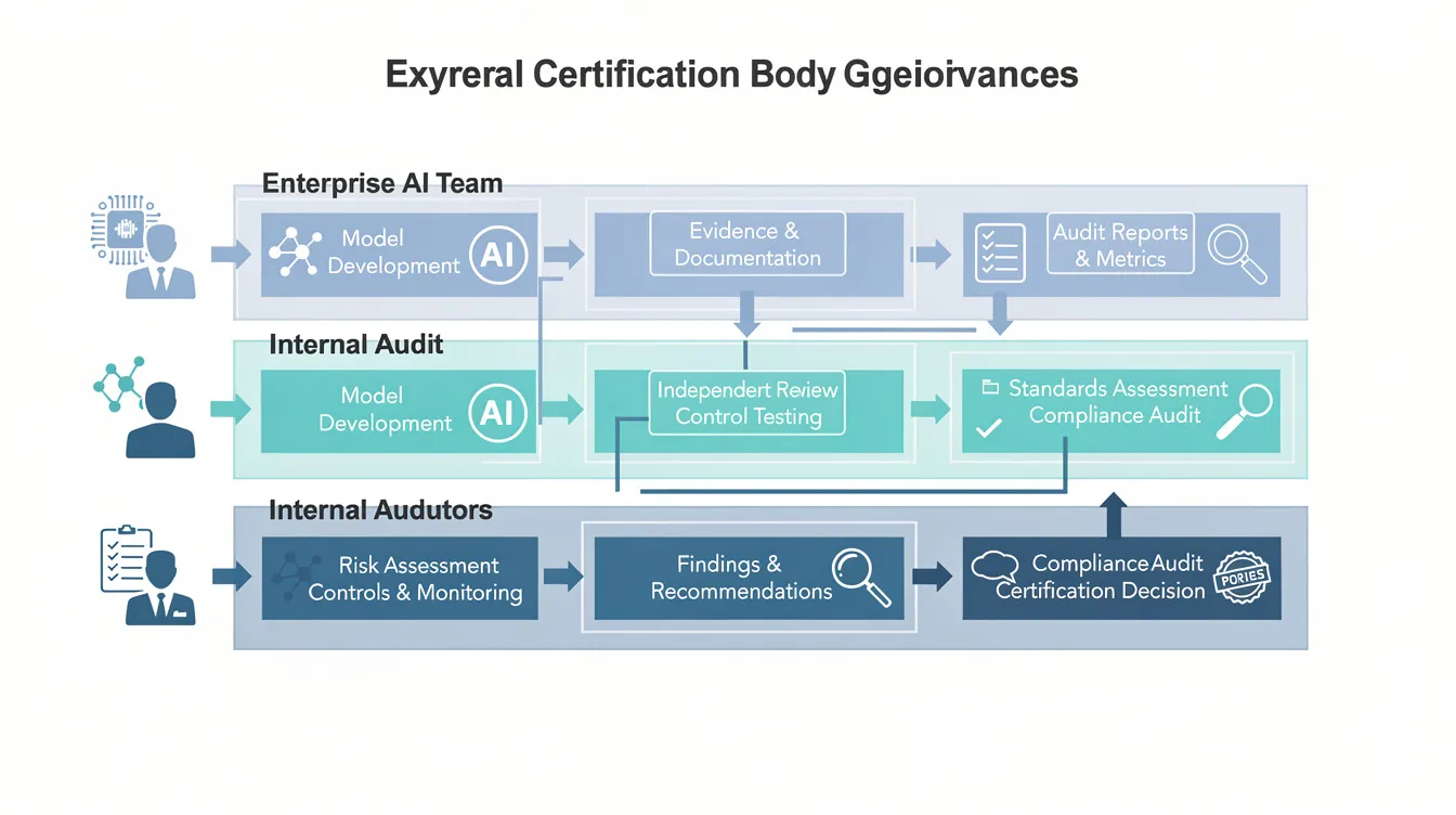 The image depicts a diagram illustrating the layered audit oversight workflow, highlighting the interaction between the enterprise AI team, internal auditors, and an external certification body to ensure compliance with AI management systems and governance frameworks. This structured framework emphasizes the importance of risk management, transparency, and accountability in the responsible use of artificial intelligence technologies.