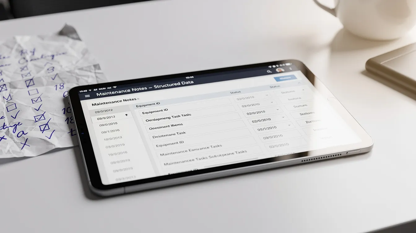 A digital tablet displays structured data extracted from handwritten maintenance notes, showcasing how artificial intelligence tools can enhance internal audit functions by transforming unstructured data into actionable insights for audit teams. The interface highlights critical operational data and enables auditors to improve efficiency in their audit processes and risk assessments.