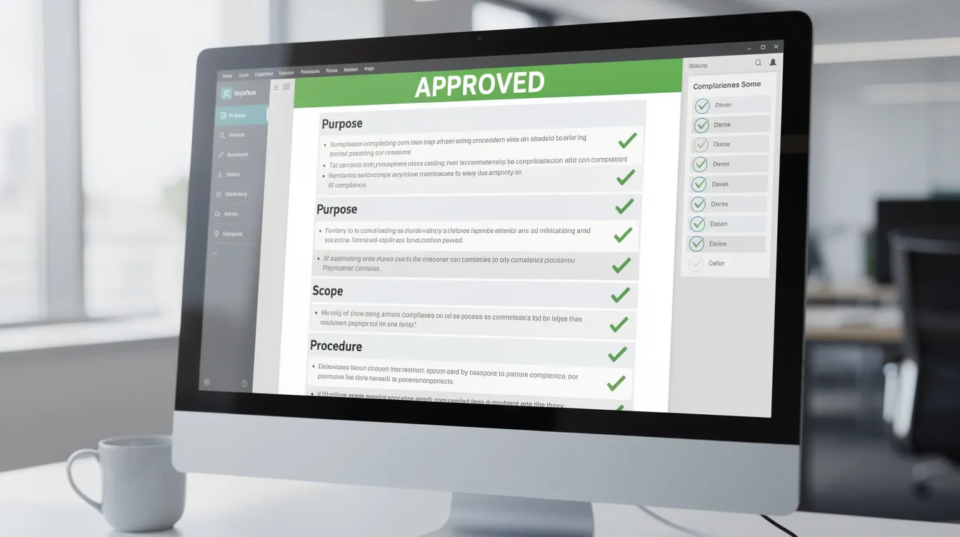 The image displays a completed structured operating procedure document on a screen, featuring approval status indicators and compliance checkmarks, reflecting adherence to quality management system standards such as ISO 9001. This document serves as a key element in maintaining audit readiness and supports continuous improvement processes within an organization's quality documentation framework.