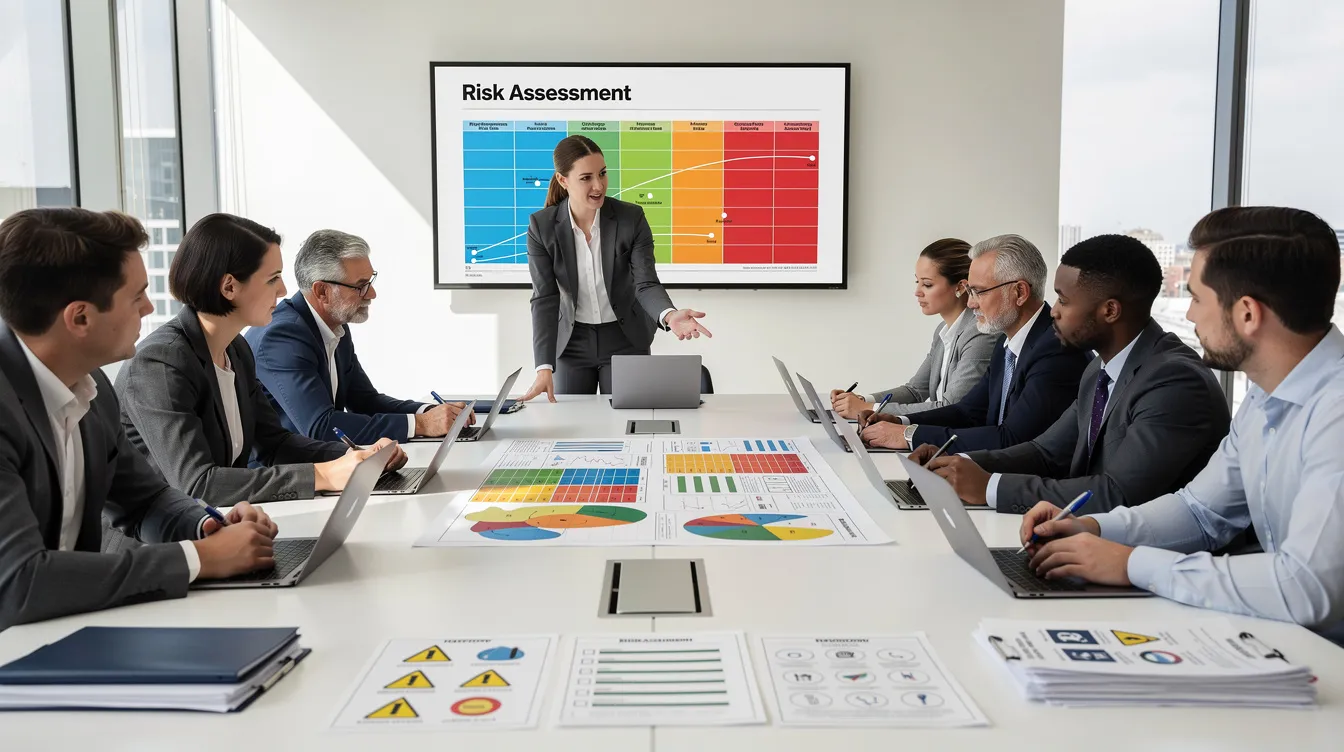 A team of professionals is gathered in a modern meeting room, actively reviewing safety documentation and risk assessment charts as part of their risk management implementation plan. This collaborative effort highlights their commitment to workplace safety and health standards, ensuring legal compliance and effective risk control within their organization.