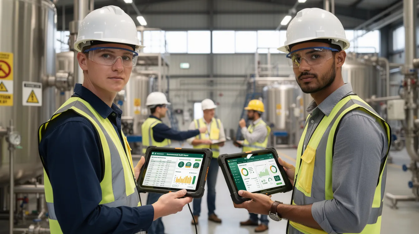 A team of environmental professionals is gathered in a chemical plant, intently reviewing digital audit reports on tablets. They are focused on assessing the facility's environmental management system, aiming to improve environmental performance and ensure compliance with ISO 14001 standards and environmental regulations.