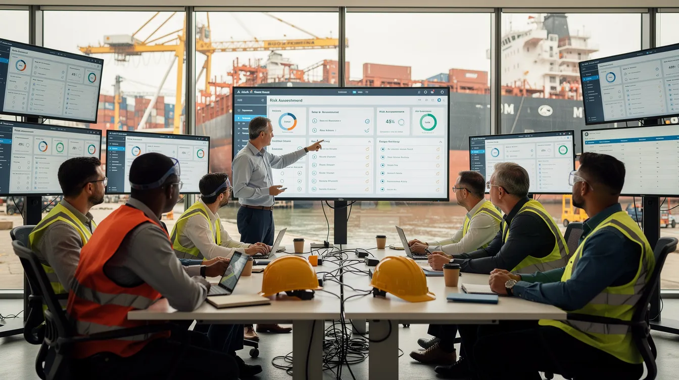 The image depicts a training session with safety professionals gathered around screens that display an AI audit interface in a shipyard office, emphasizing workplace safety and the importance of the permit to work (PTW) system for managing high-risk activities. The participants, including safety officers, engage in discussions about risk assessments and the proactive safety culture necessary for effective risk management in confined spaces and other high-risk tasks.