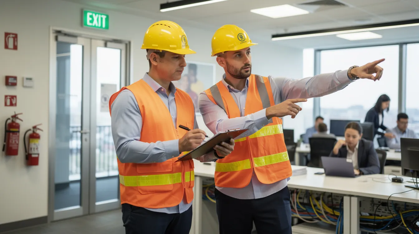 The image depicts a team of professionals conducting an office safety assessment walkthrough, equipped with clipboards and wearing hard hats to ensure workplace safety. This assessment focuses on identifying workplace risks and implementing effective risk management plans as part of their commitment to achieving bizsafe certification and fostering a safer and healthier workplace.