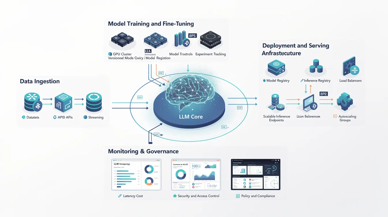 The image depicts a structured framework illustrating the components of an AI management system integrated with LLM deployment architecture, highlighting elements such as AI governance, risk management, and compliance with international standards like ISO IEC 42001. This visual representation emphasizes the importance of responsible AI practices and the audit processes necessary for ensuring transparency and accountability within AI systems.