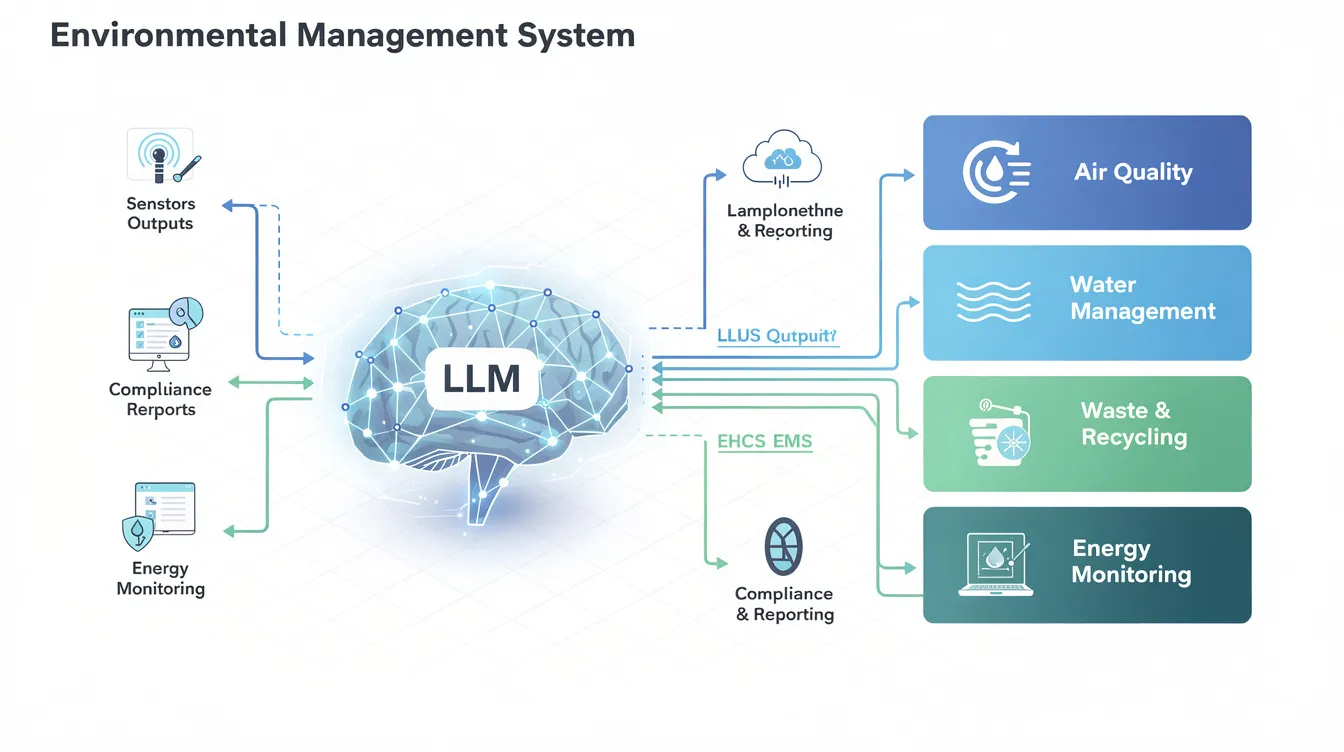 The image depicts a digital integration architecture that connects outputs from large language models (LLMs) to various modules of an environmental management system. This setup emphasizes the analysis of environmental aspects and impacts, aiming to enhance organizational compliance with ISO 14001 standards and improve overall environmental performance.