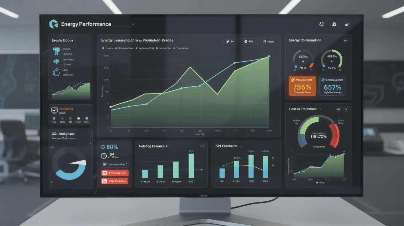 The image features a digital dashboard that showcases various energy performance indicators, including trend analysis and variance alerts, designed for effective energy management systems. It emphasizes continuous monitoring of energy consumption and efficiency, aiding in ISO 50001 energy audit readiness and demonstrating ongoing improvements in energy performance.