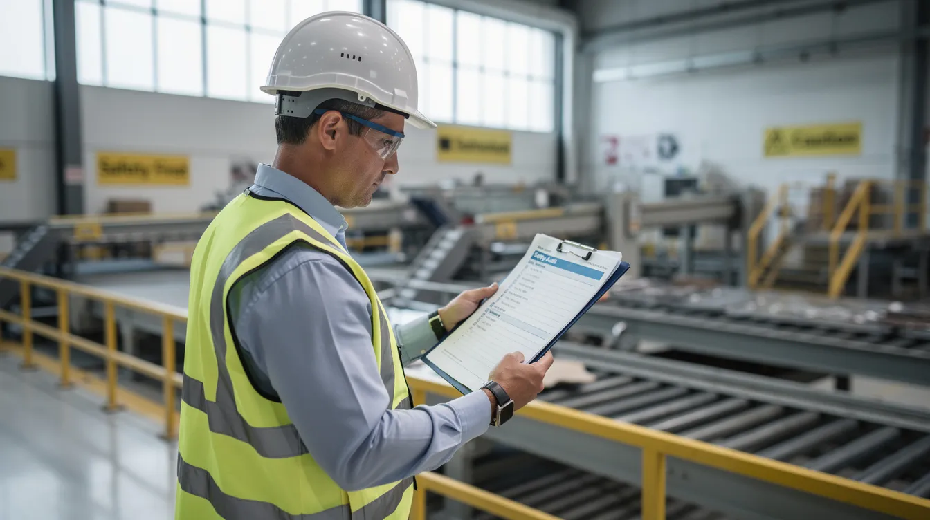 An internal auditor is reviewing safety documents on a digital tablet in a factory setting, focusing on compliance with ISO 45001 standards for occupational health and safety management. The auditor's role includes evaluating the safety management system and ensuring effective internal audits are conducted to identify hazards and implement corrective actions for continual improvement.