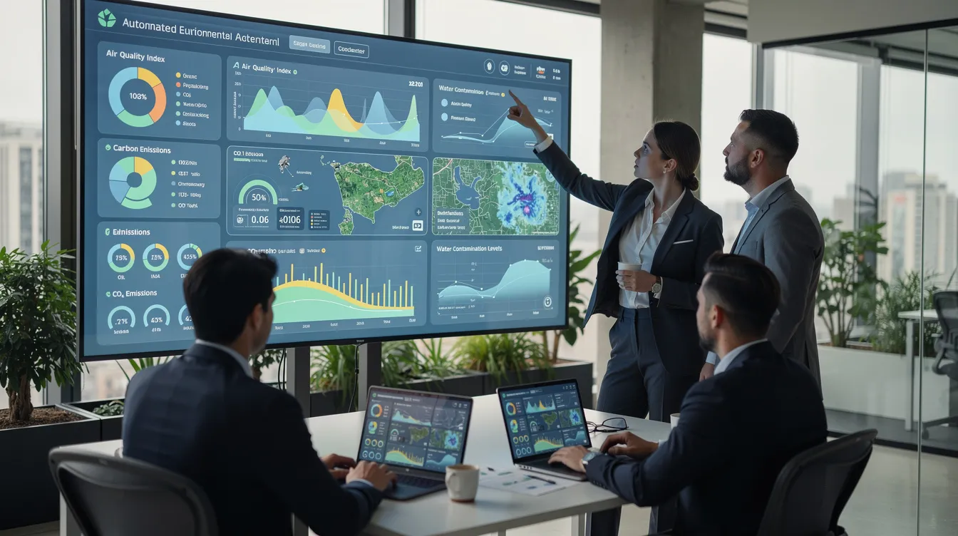 A team is gathered around a digital dashboard, reviewing automated environmental analysis results related to their organization's environmental management system. They are focused on identifying significant environmental aspects and impacts, such as air pollution and resource consumption, to enhance their environmental performance and ensure compliance with ISO 14001 standards.
