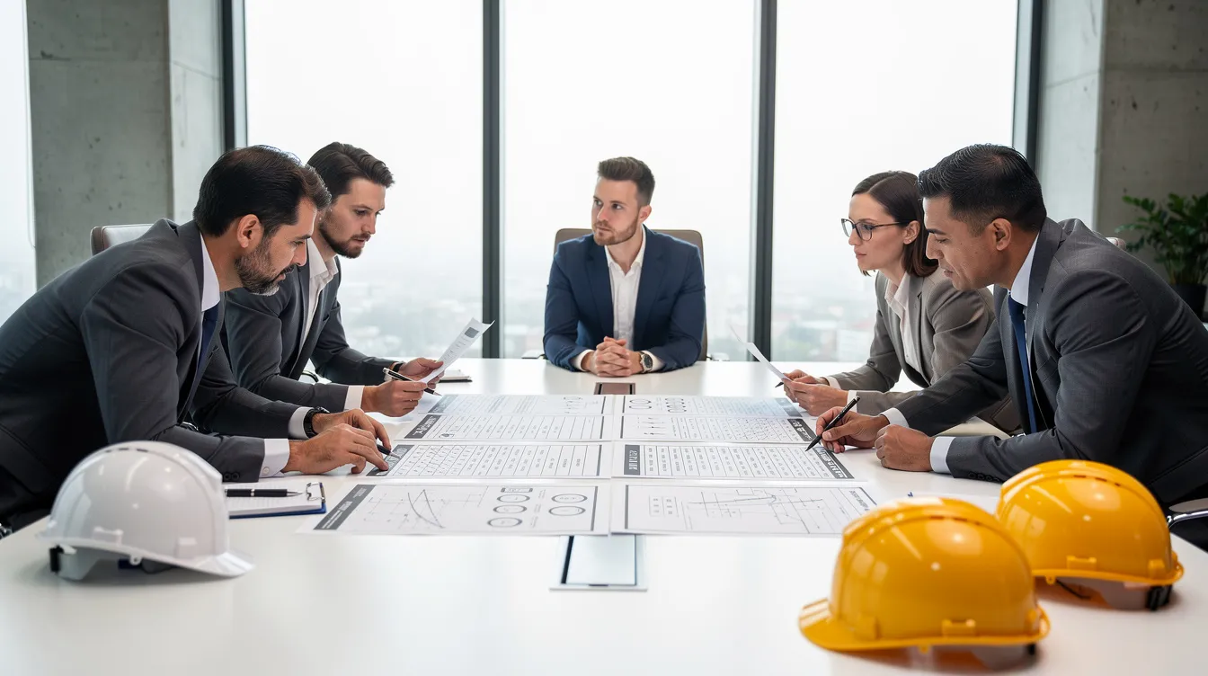 A diverse team is gathered around a table, reviewing safety documents, with hard hats placed visibly on the table, emphasizing their commitment to workplace safety and health management. This meeting highlights the importance of conducting risk assessments and implementing a robust safety management system to ensure a safe working environment.
