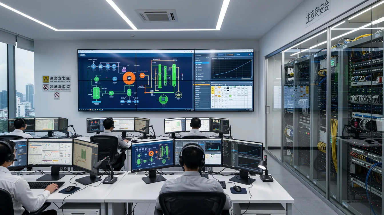 The image depicts a modern industrial control room in Singapore, featuring multiple SCADA monitoring screens displaying real-time data and a sophisticated network infrastructure. This environment emphasizes information security management systems and continuous monitoring to mitigate cyber threats and ensure compliance with ISO 27001 standards.