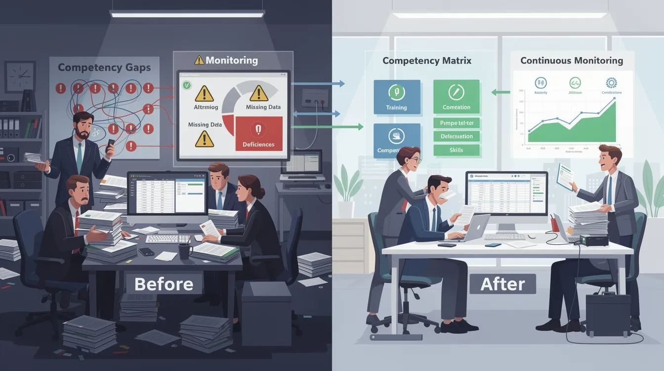 The image presents a before-and-after comparison of an enterprise audit program, highlighting the resolution of competency gaps and monitoring deficiencies within the audit process. It illustrates the implementation of an AI management system that aligns with ISO IEC 42001 standards, emphasizing the importance of responsible AI governance and continuous improvement in risk management practices.