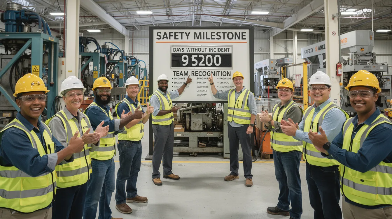 A team is joyfully celebrating a significant safety milestone in an industrial setting, with a recognition board prominently displaying their achievements. This moment highlights their commitment to building a strong safety culture and emphasizes the importance of employee engagement and proactive safety measures in ensuring a secure work environment.
