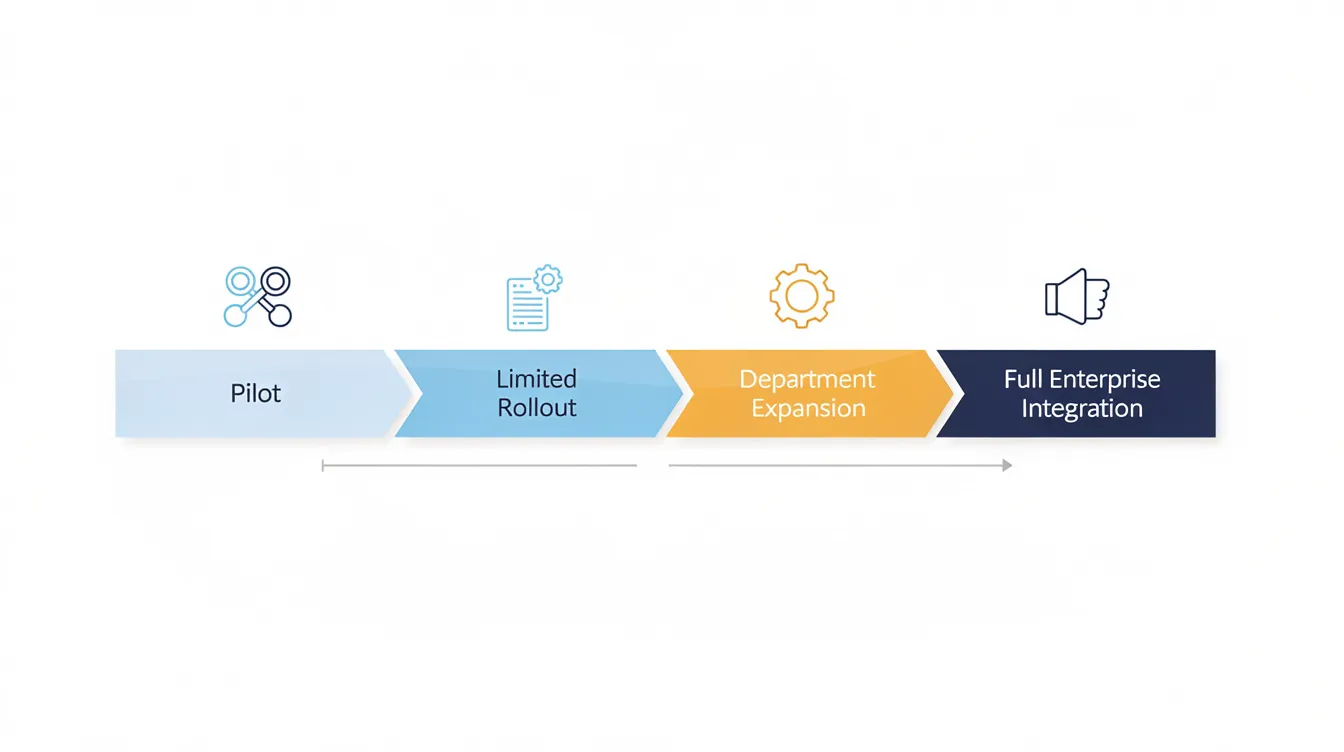 The image depicts a timeline visualization illustrating four distinct implementation phases, starting from a pilot program and progressing to full enterprise integration. This representation emphasizes the transition process involved in environmental management systems and highlights the continual improvement necessary for effective integration within complex organizations.