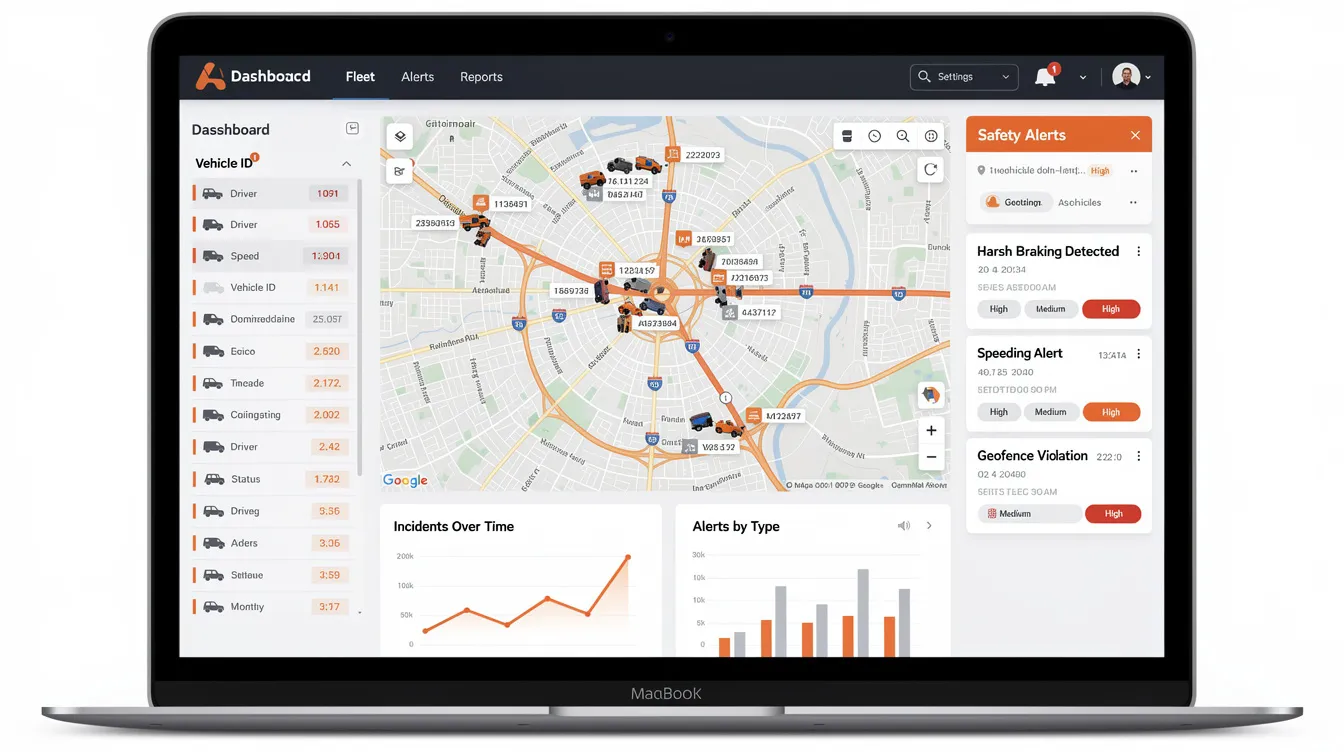 The image depicts a dashboard screen for fleet safety monitoring, featuring vehicle tracking and real-time alert notifications to enhance workplace safety. This digital safety management system utilizes AI video analytics to improve hazard detection and reduce vehicular risks, contributing to the overall productivity and health of workers.