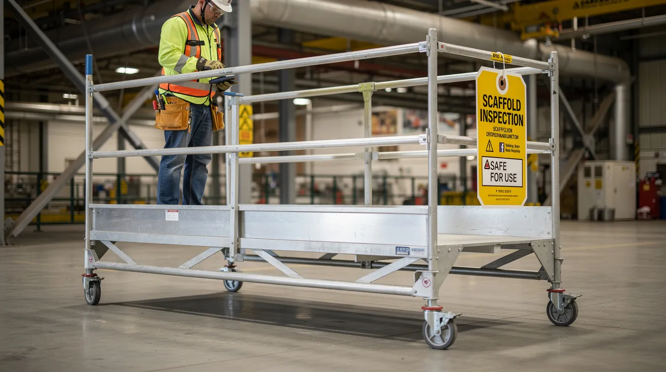 The image shows a compliant mobile scaffold equipped with full guardrails and clearly tagged inspection status, set up on a maintenance site. This setup emphasizes workplace safety and proactive risk management, helping to mitigate common workplace hazards and prevent serious injuries.