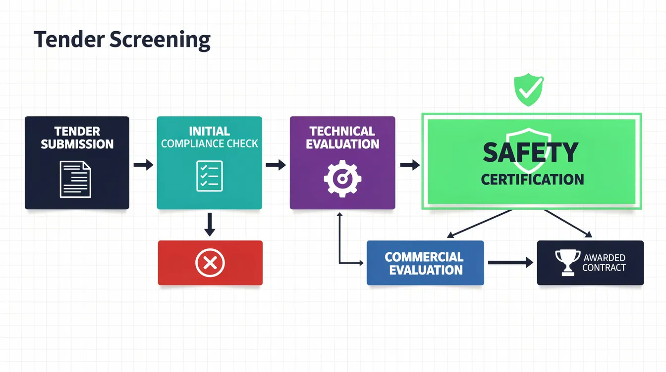 The flowchart illustrates the stages of tender screening, highlighting a critical checkpoint for safety certification, which includes the bizsafe certification process and the importance of risk management plans in ensuring workplace safety and health compliance. It emphasizes the role of senior management in achieving and maintaining the company's bizsafe status through comprehensive risk assessments and safety protocols.