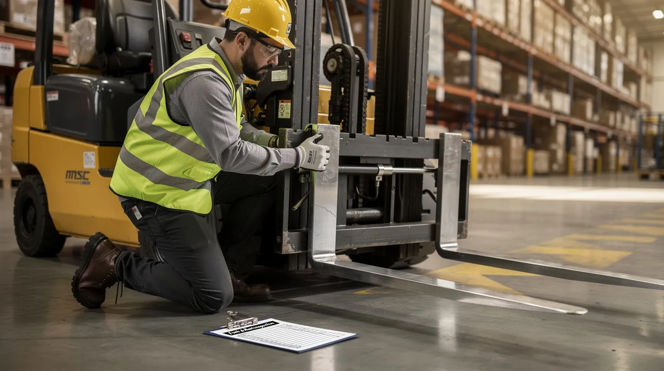 A warehouse operator is closely inspecting a forklift's forks and mast to ensure they meet safety regulations before beginning their shift. This essential maintenance check is crucial for safe stacking and handling materials, helping to prevent potential hazards during warehouse operations.