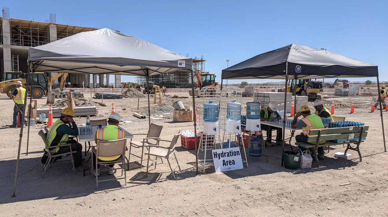 The image depicts workers at an outdoor construction site, featuring shaded rest areas and hydration stations to promote worker safety and well-being. This setup reflects an integrated approach to occupational health, aiming to reduce health hazards and enhance workplace safety and health.