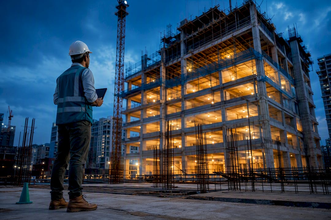 High-rise construction project at dusk