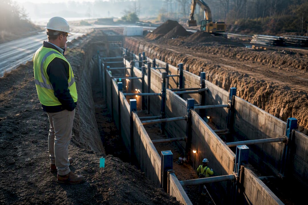 Trench shoring used as an engineering control