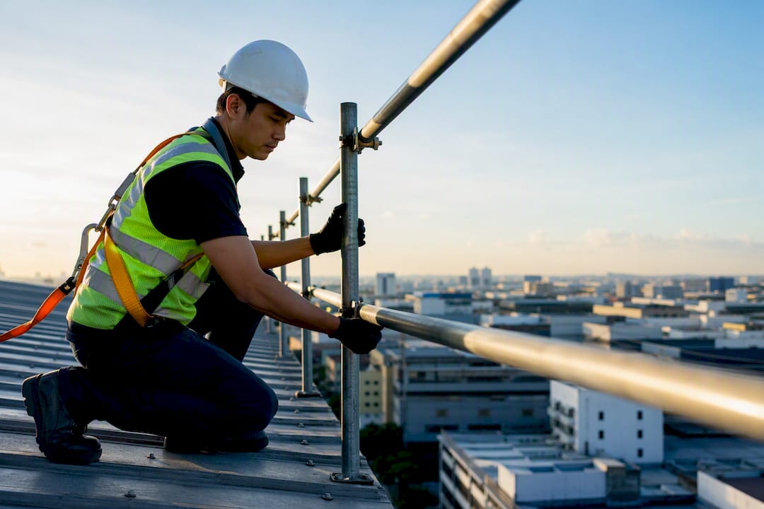 Worker inspecting guarded industrial roof edge