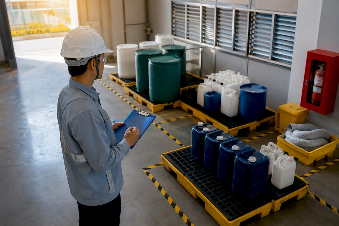 Safety officer inspecting segregated dangerous goods storage