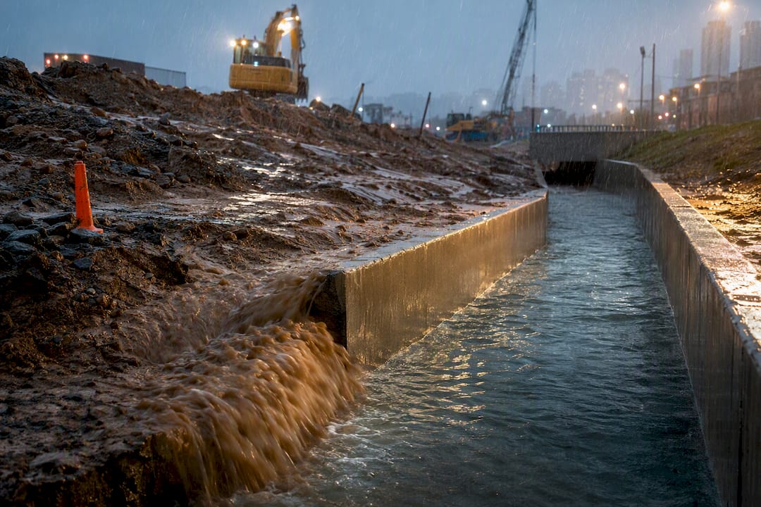 Muddy construction runoff entering public drain