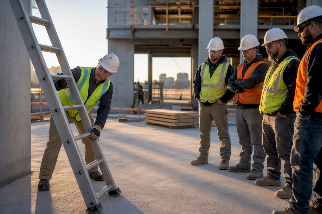 Supervisor demonstrating ladder safety to construction crew