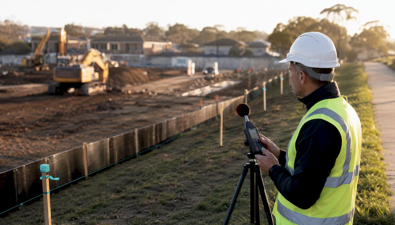 Site manager measuring noise at construction boundary