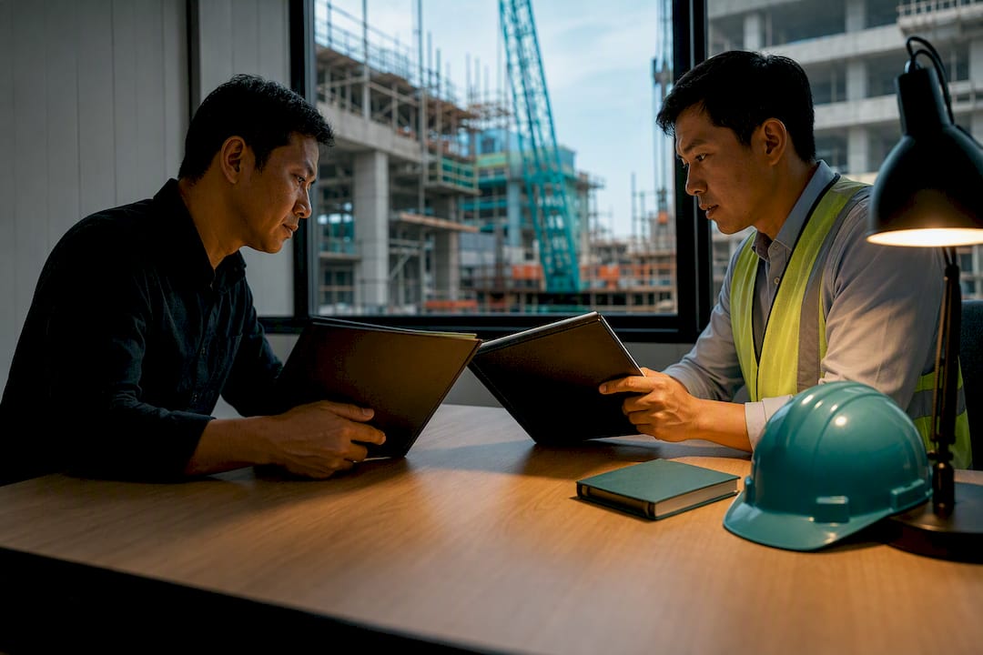 ISO auditor reviewing construction audit evidence