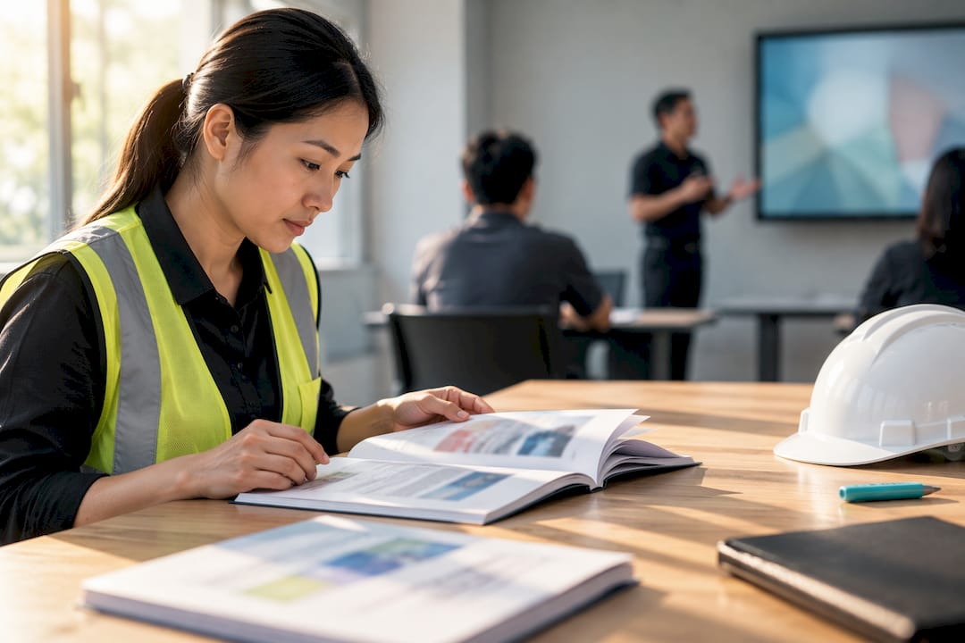 Construction safety professional reviewing DfS course materials