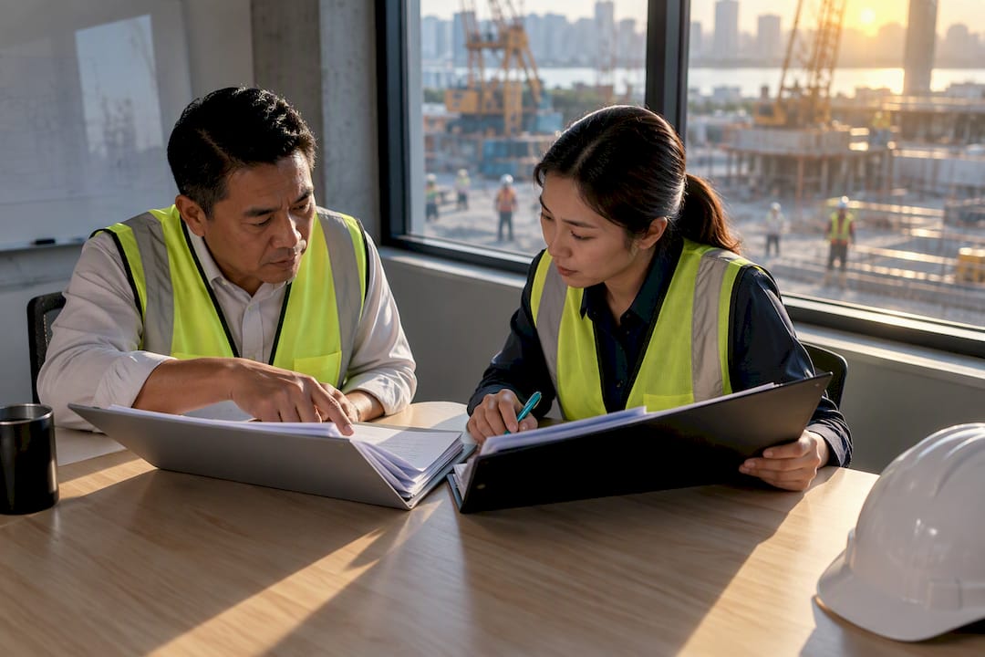 Safety professionals comparing site documents